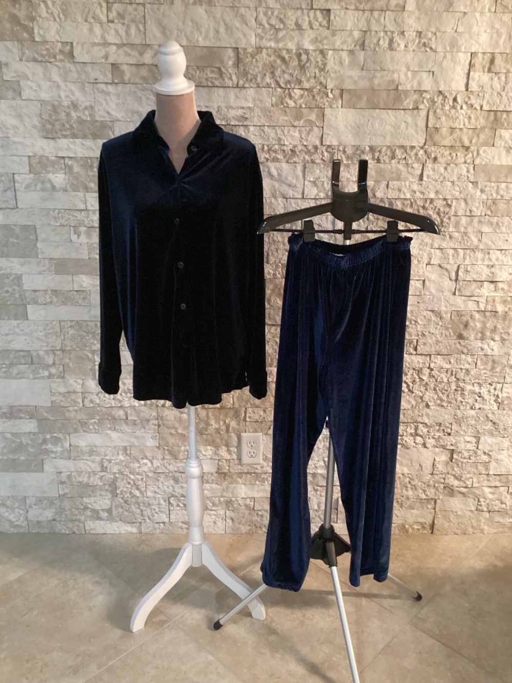 Vintage Carolyn Taylor Navy Velvet Lounge Set - Matching Blouse & Pants